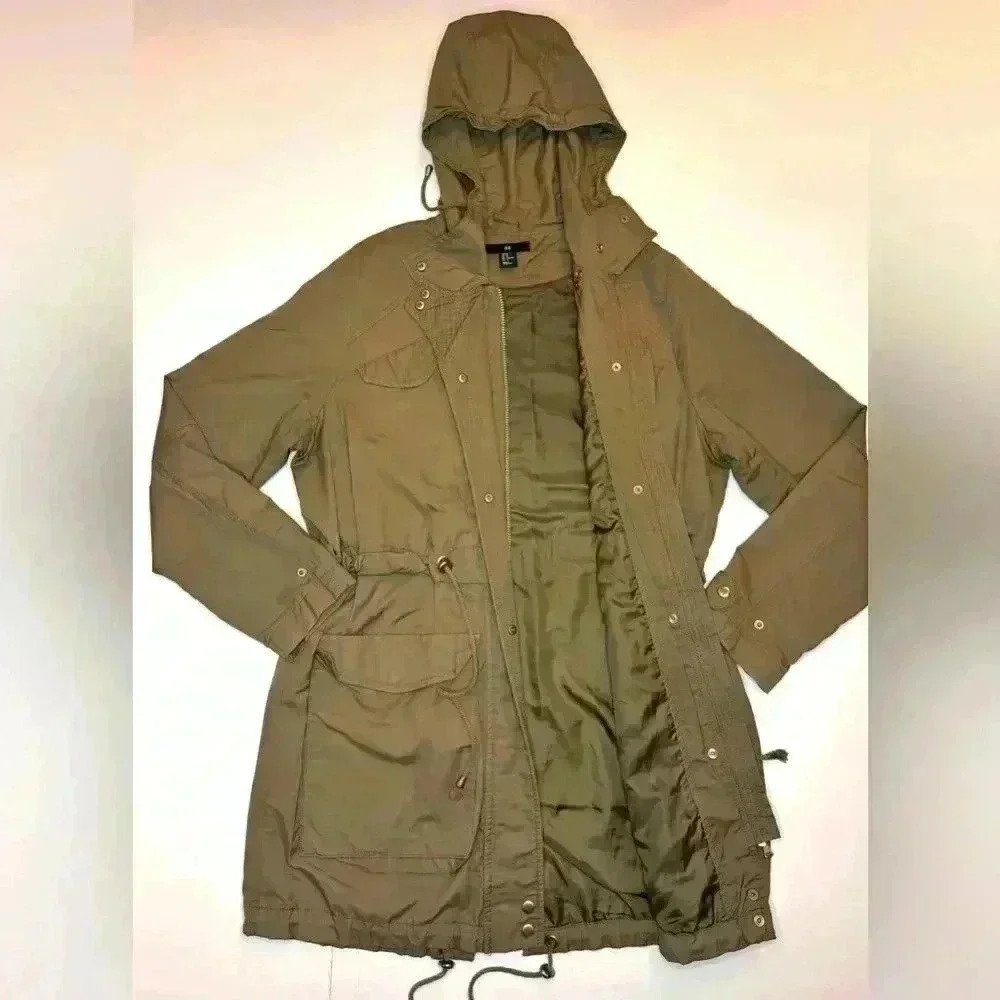 H&M Womens  Jacket Hooded Full Zip Tie Waist Adjustable Army Green Size- Medium